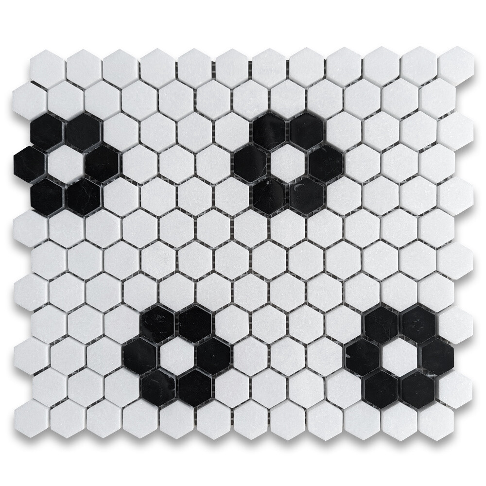 T31F1XP Thassos White Marble Hexagon Rosette Mosaic Tile Nero Marquina Black