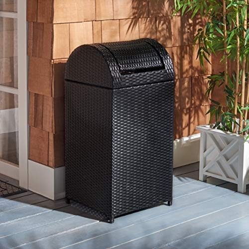 SAFAVIEH Outdoor – Serapis Trash Bin – Steel – Textured Surface Cylinder Black