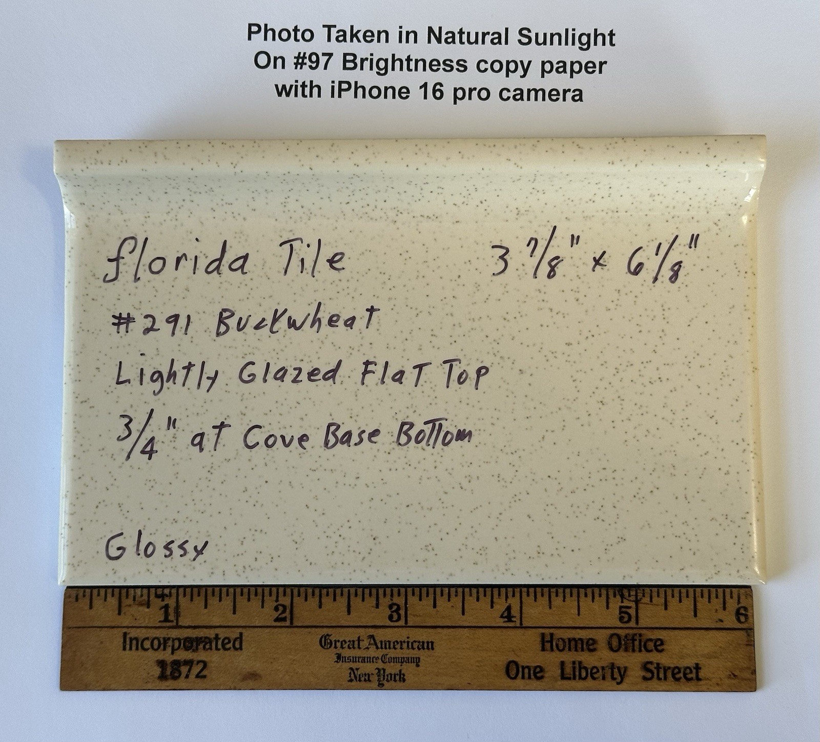 1 pc. Buckwheat 3-7/8 X 6-1/8″ Glossy Ceramic Cove Base Tile, florida, Flat Top