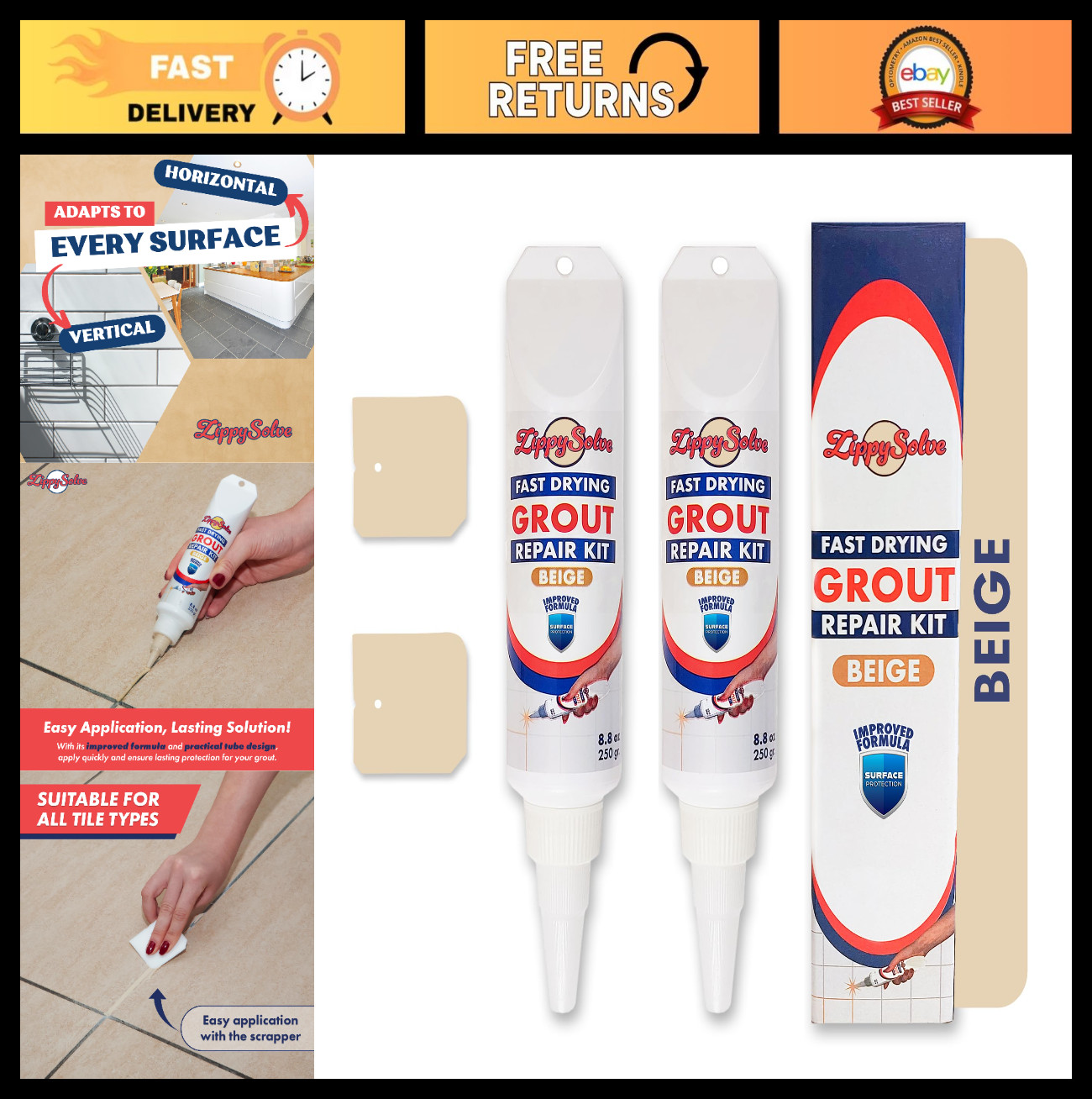 Tile Grout Repair Kit – 2 Pack Beige, Fast Drying Waterproof Squeeze Tube for Fl