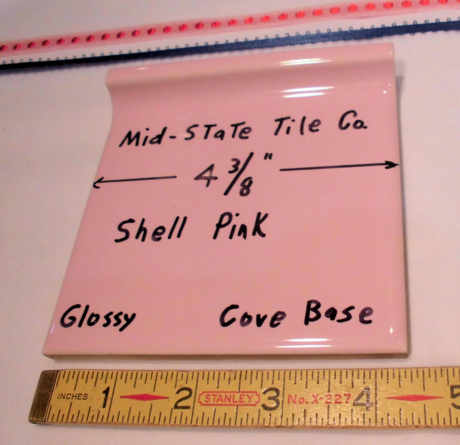 1 pc. Cove-Base Ceramic Tile *Shell Pink* 4-3/8″ Mid-State Co. Glossy; stack on
