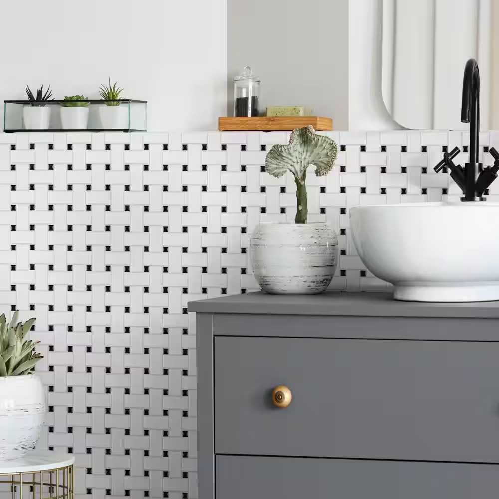 Metro Basketweave White with Black Dot 11-3/4 In. X 11-3/4 In. Porcelain Mosaic