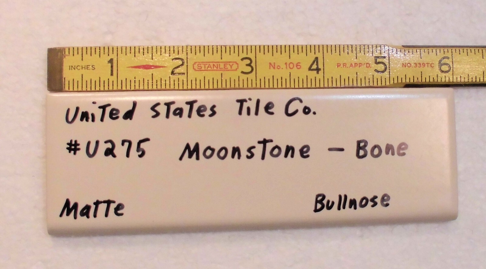 1 pc. Matte Bone: Bullnose Surface Flat Ceramic Tile #U-275 Moonstone, Made USA