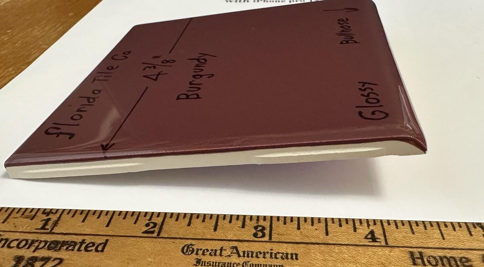 1 pc. Burgundy: 4-3/8″ Bullnose: Glossy Ceramic Tile by Florida Co. #1084 NEW