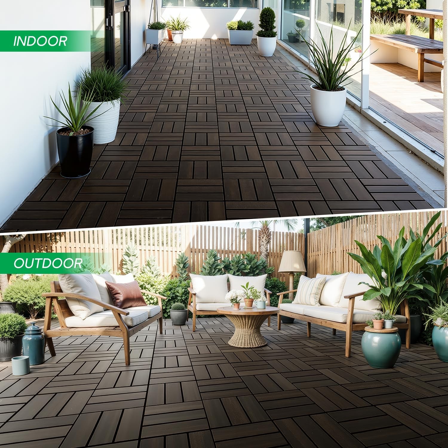 Acacia Wood Deck Tiles – 10-Piece Set, Black Checkered