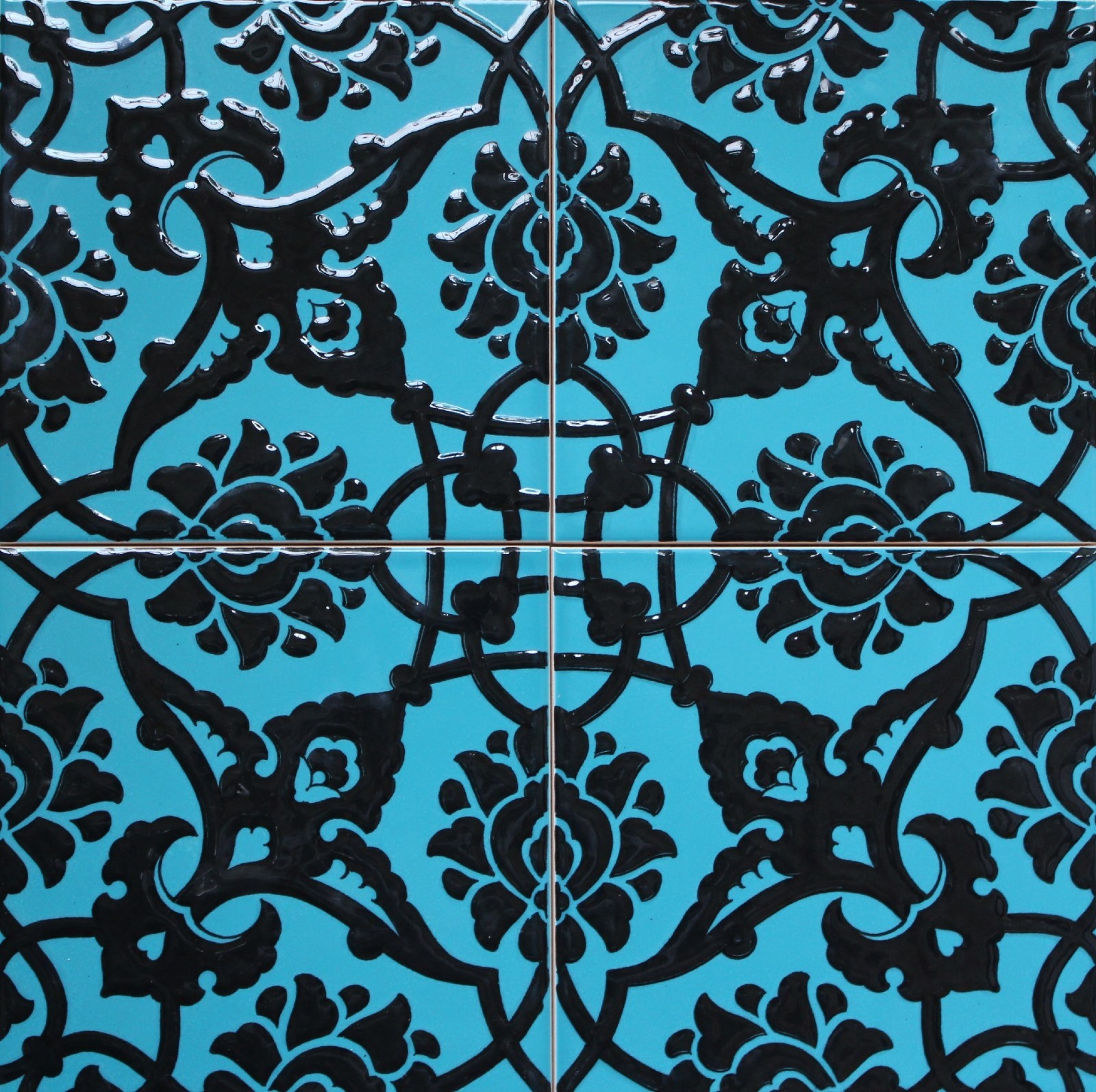 Black & Turquoise 16″x16″ Turkish Ottoman Iznik Floral Pattern Ceramic Tile Set