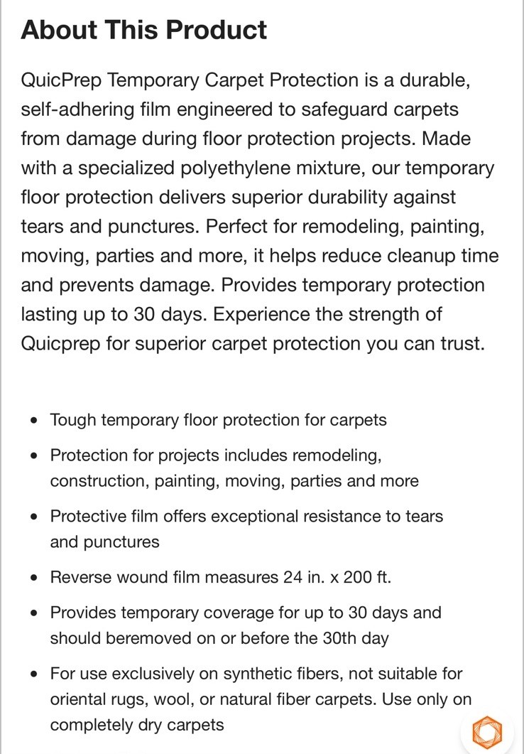 Carpet Self-Stick Plastic Carpet Protection 24in”x200ft’ Quicprep Made In USA