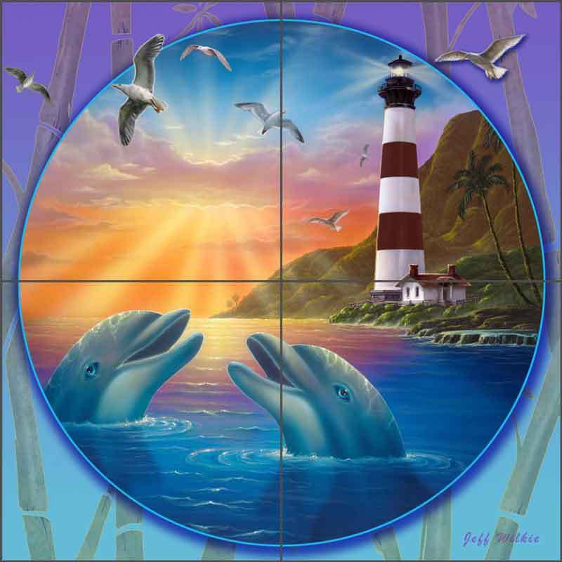 Dolphin Tile Backsplash Ceramic Mural Wilkie Waterfall Tropical Art POV-JWA045