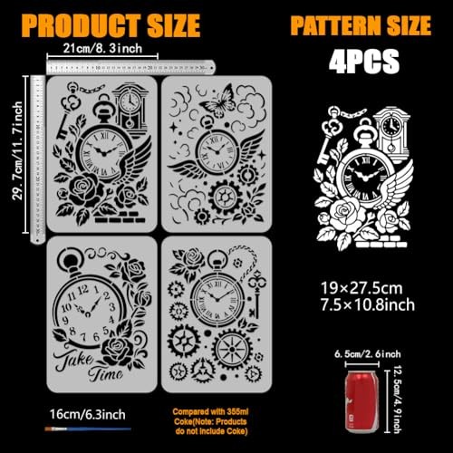 4Styles Vintage Gears Clocks Stencils with a Brush Creative Gears Clocks