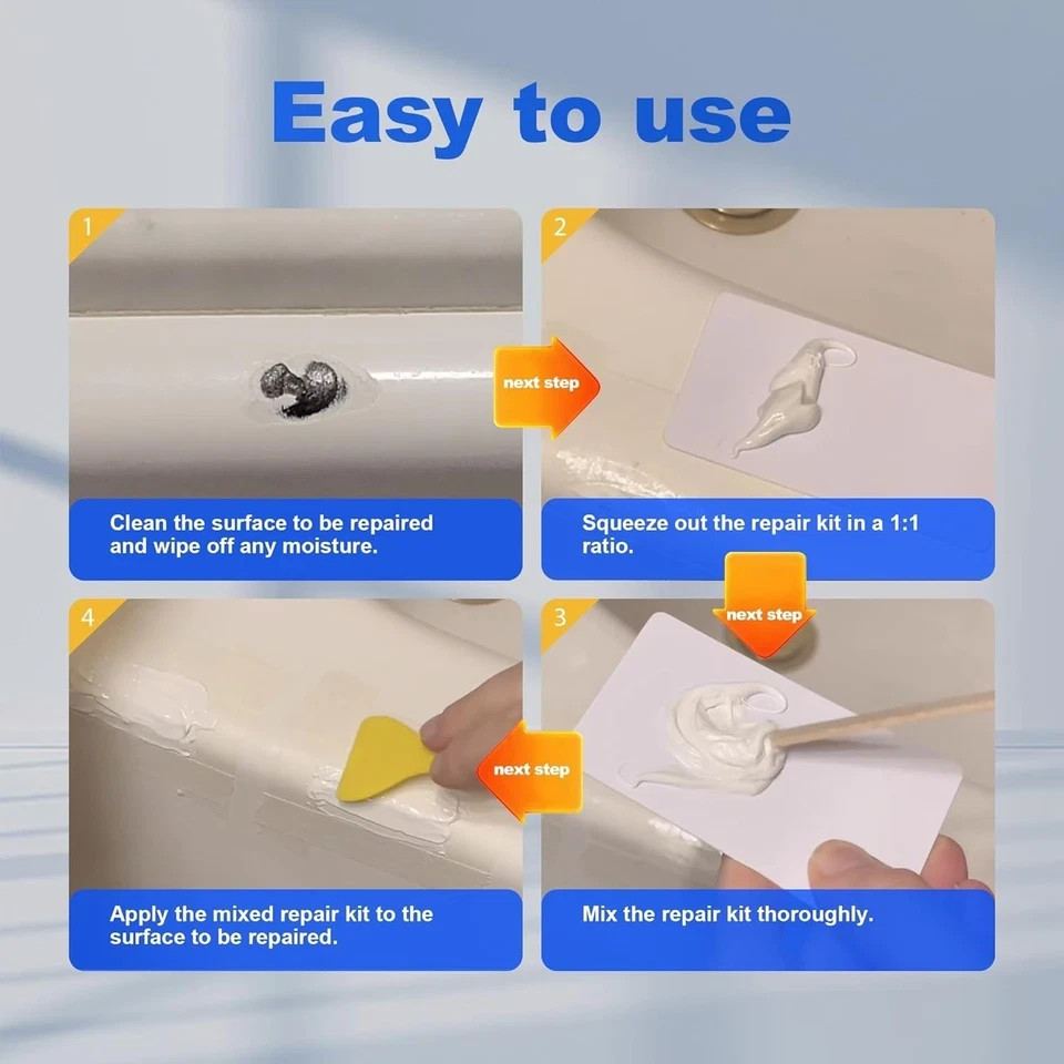 Professional White Bathtub Repair Kit – Permanent Fix for Chips, Cracks & Hol…