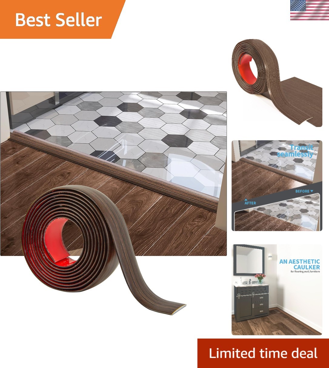 Easy Install 4FT Self-Adhesive Vinyl Transition Strip for Laminate & Tiles