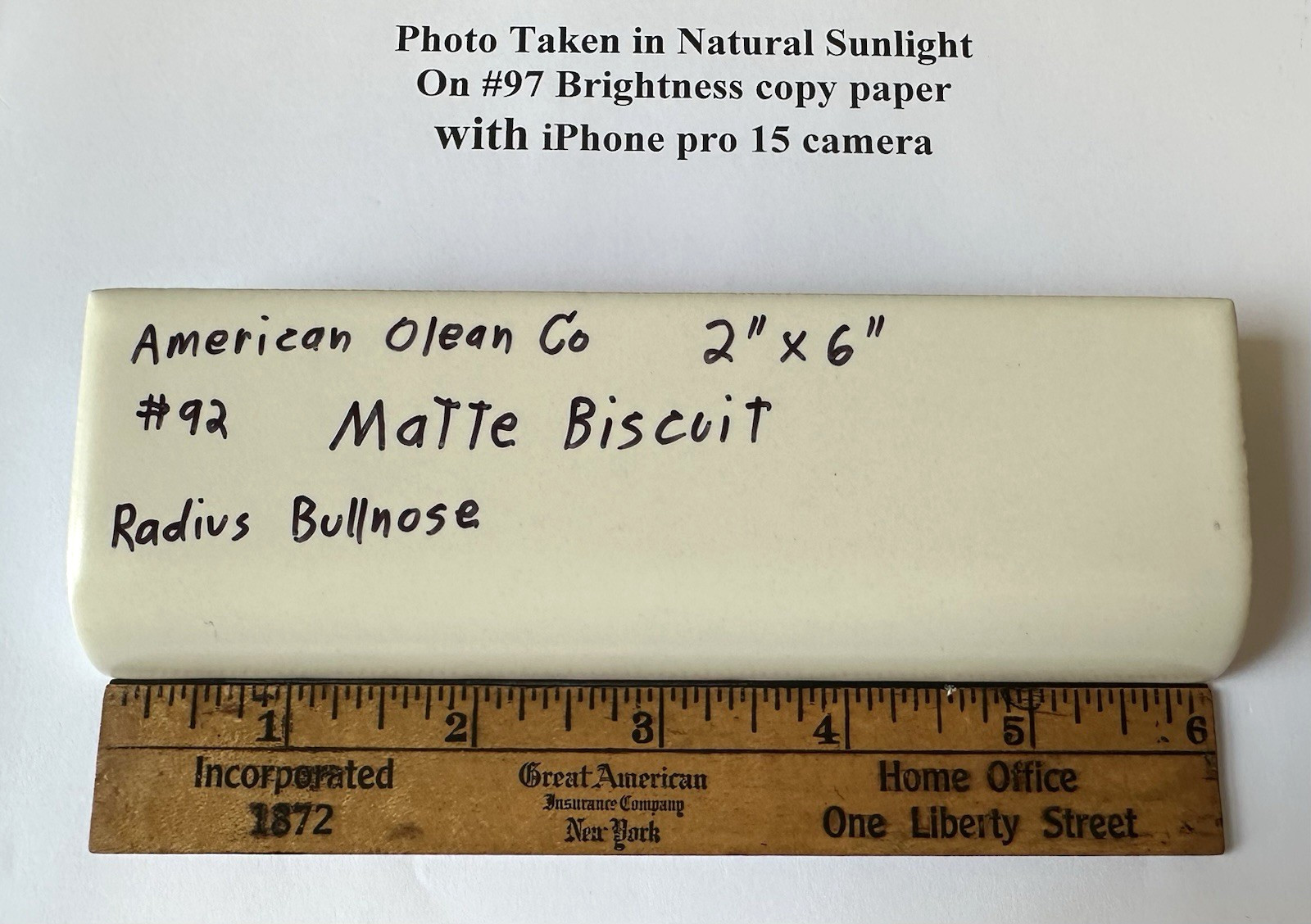 1 pc. Matte Biscuit: Ceramic Radius Bullnose Tile by American Olean Co. 2″ X 6″