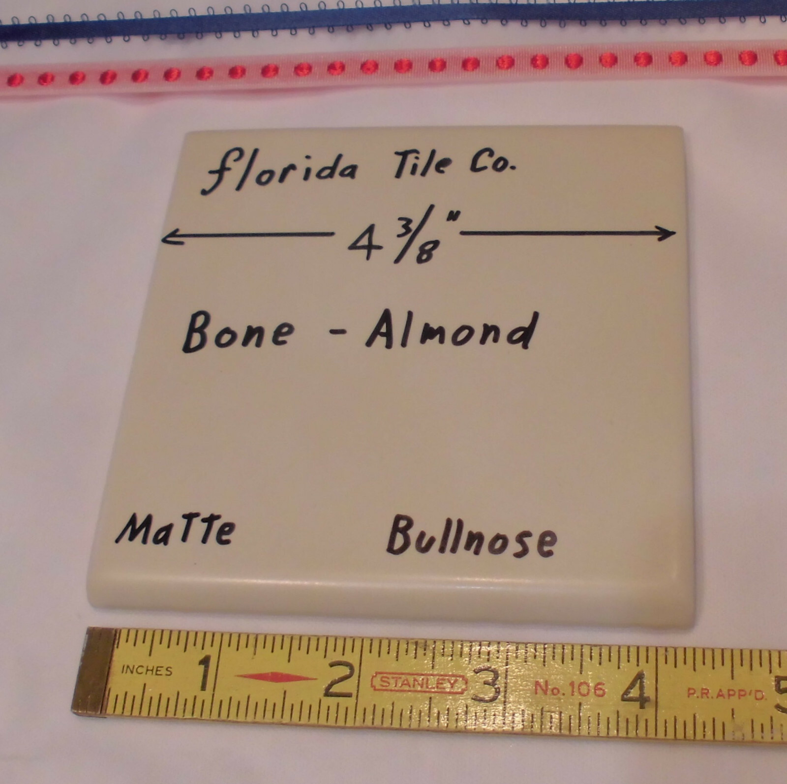 1 pc. *Bone – Almond* Matte Bullnose Ceramic Tile 4-3/8″ by Florida Co. (NOS)