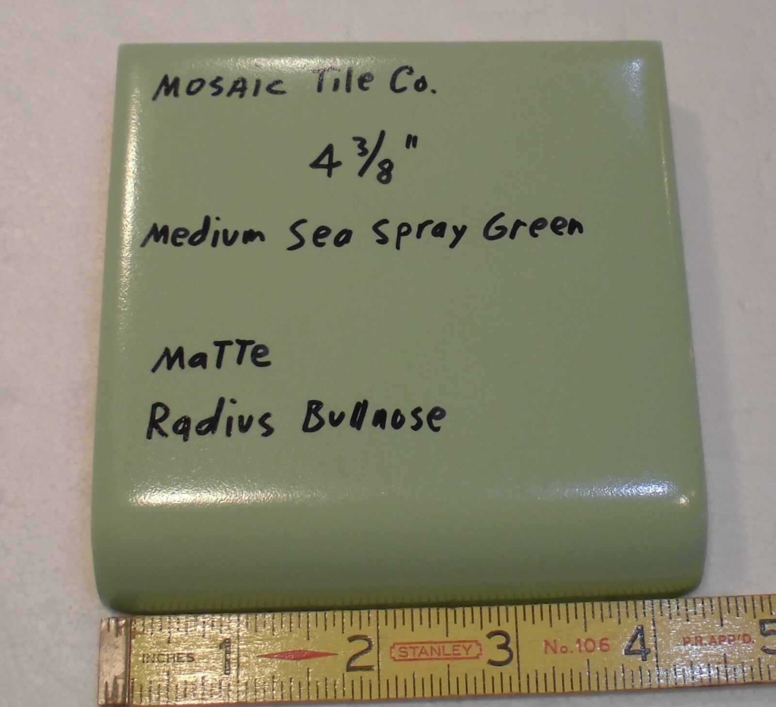 1 pc. Medium Sea Spray Green: Matte Radius Bullnose Ceramic Tile 4-3/8″ NOS