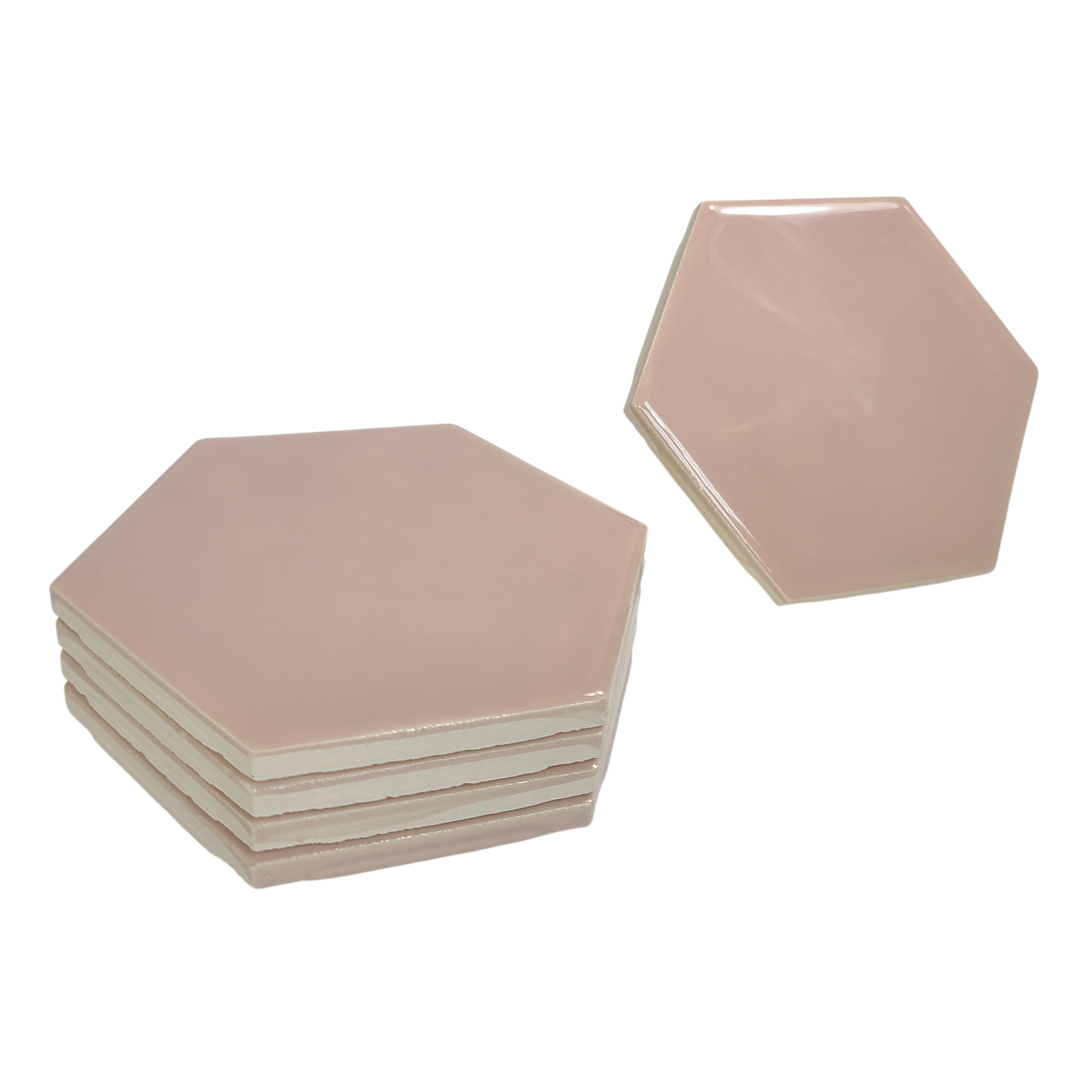 Pink Ceramic Tile Hexagon Subway Vintage Mid Century Modern Rippled Undulated