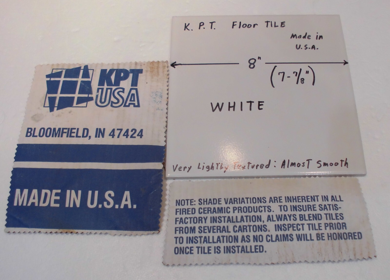 1 pc. Bright White Ceramic Floor Tile: 8″ X 8″ Smooth, Made USA by K.P.T. NEW