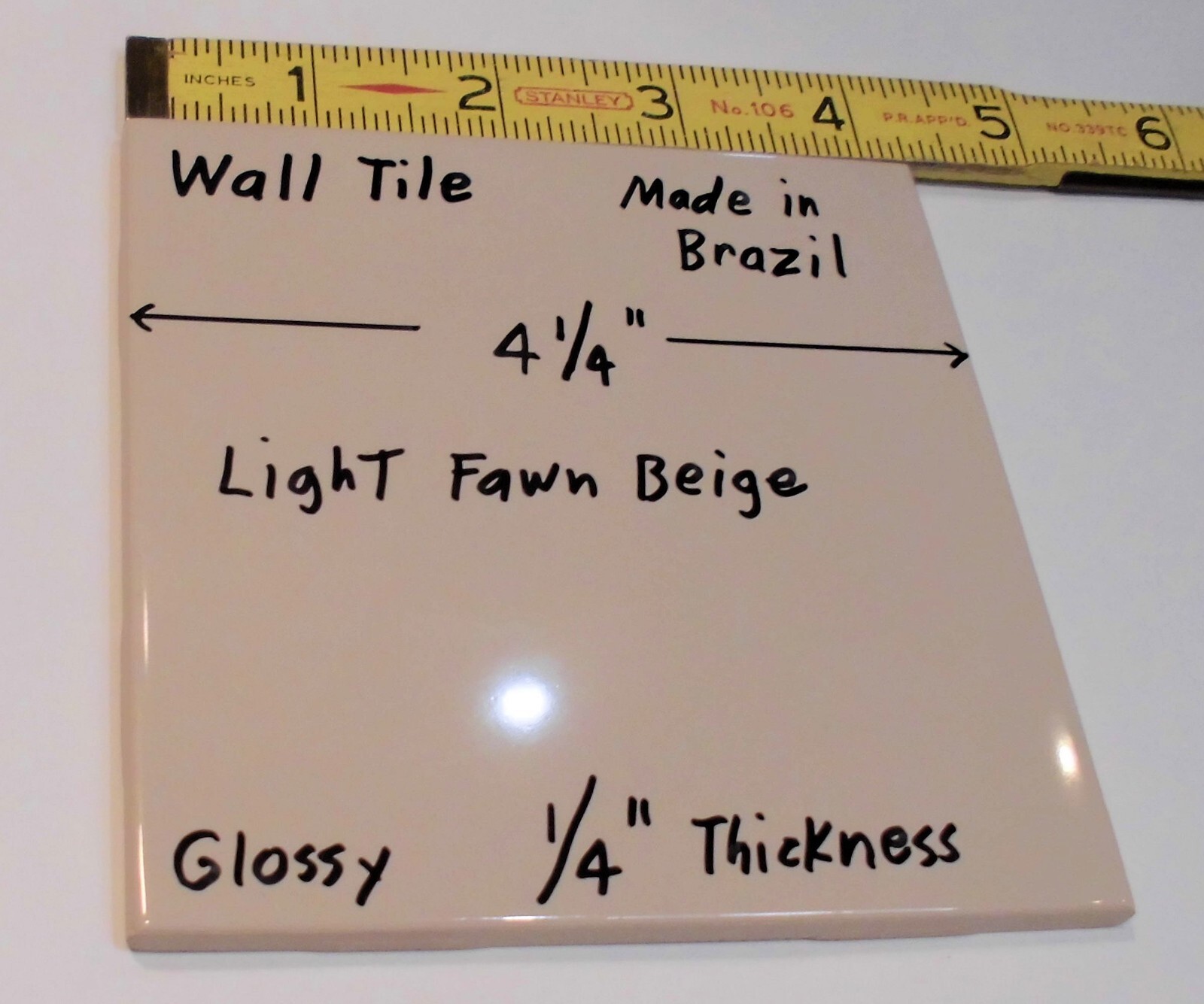 1 pc. Light Fawn Beige: Glossy Ceramic Tile 4-1/4″ X 3/16″ thickness, New Stock