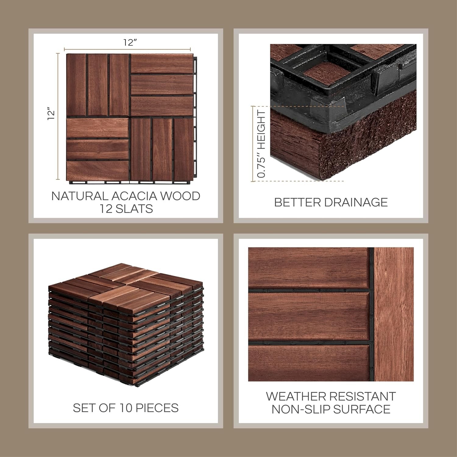 Crossed Pattern Acacia Wood Tiles – 10 Pc Set
