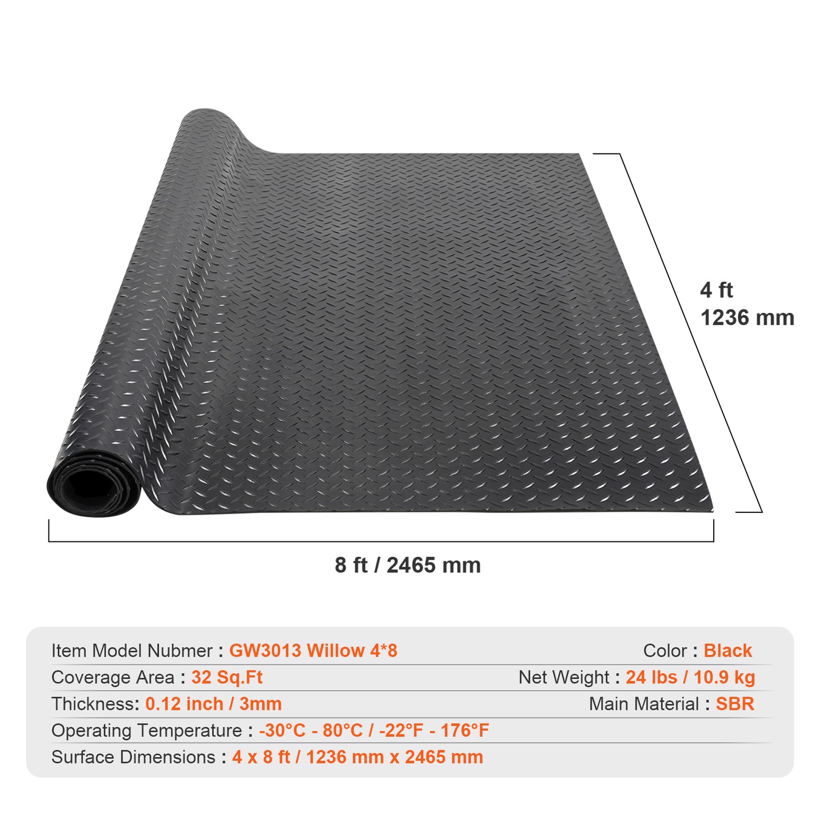 VEVOR 4 x 8ft Garage Floor Mat Diamond Plate PVC Vinyl Rolls Non-Slip 3mm Thick