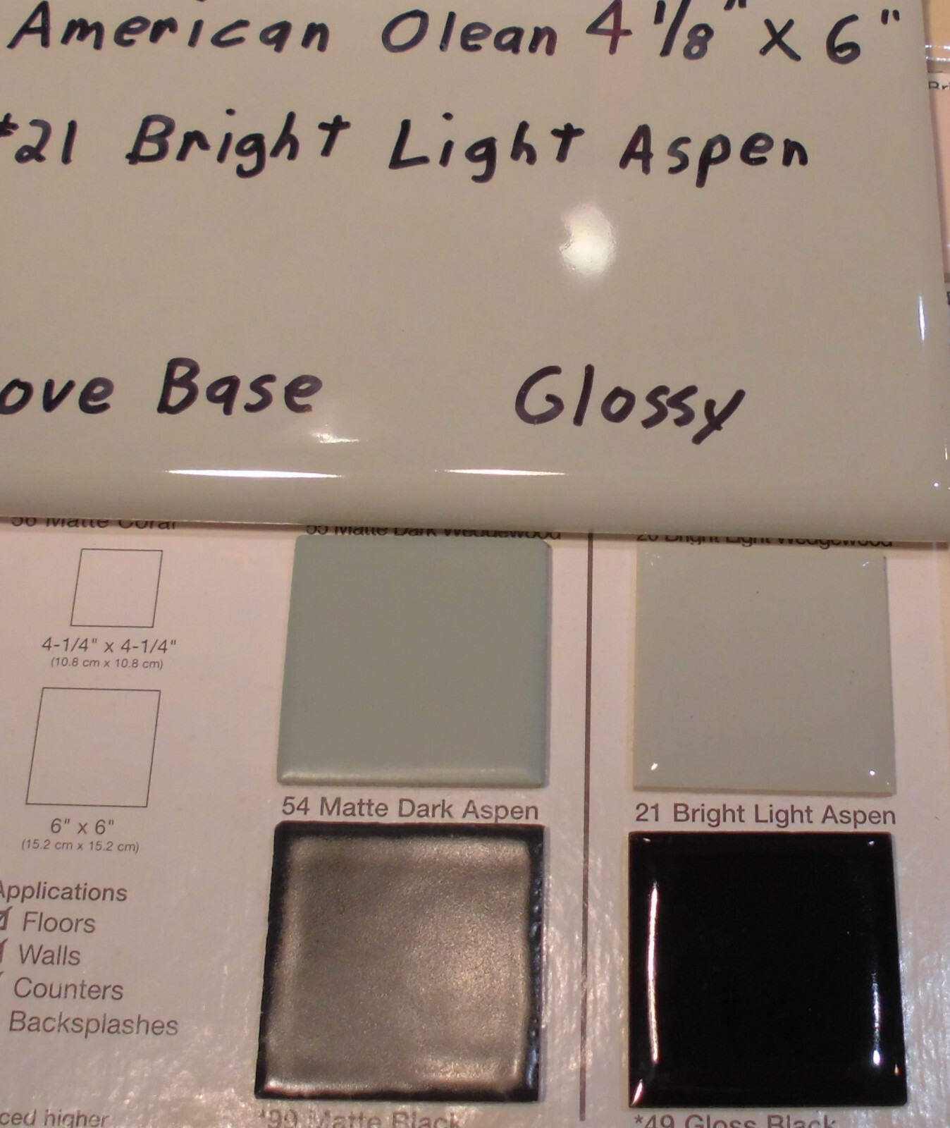 1 pc. Bright Light Aspen-Green; base/cove Ceramic Tile; 4-1/8″ X 6″ by A. O. #21