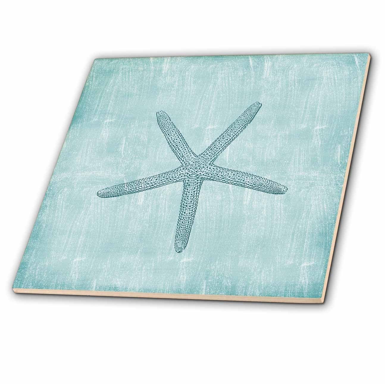 3dRose Aqua Starfish Abstract Beach Theme Ceramic Tile 8-Inch Coastal Home Decor