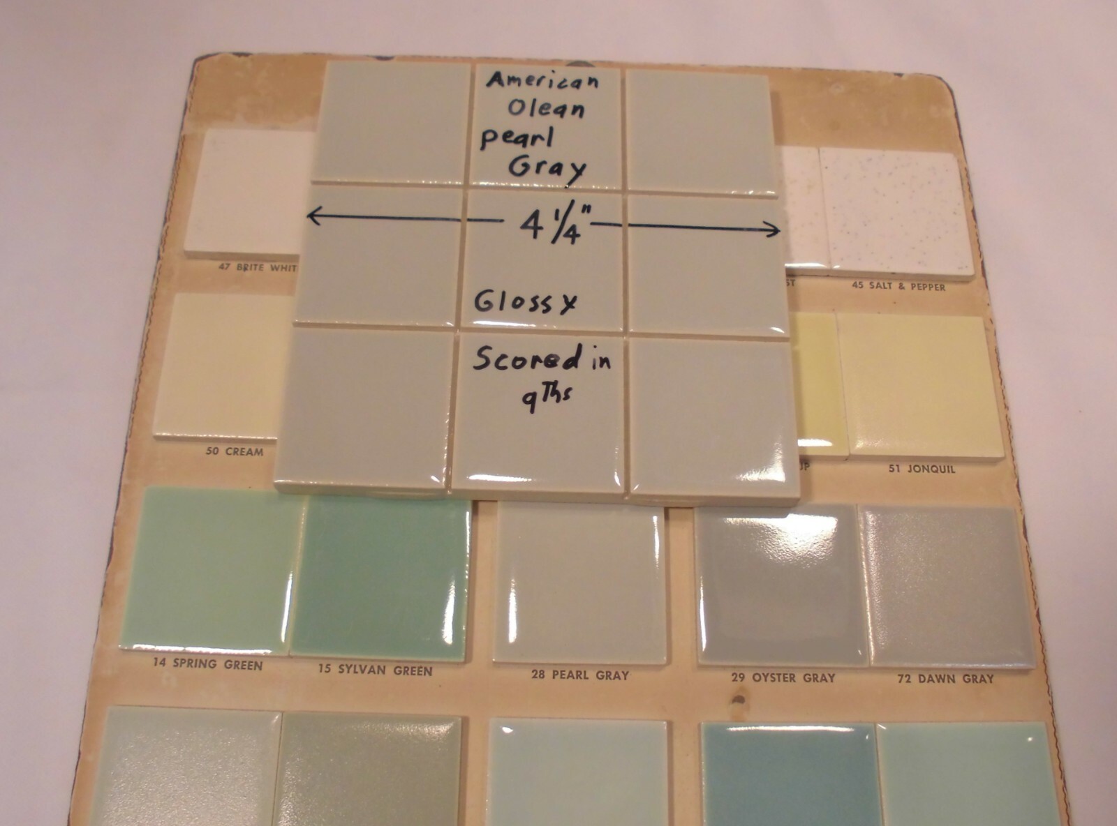 1 pc. *Pearl Gray* 4-1/4″ Scored 9ths Glossy Ceramic Tile by American Olean Co.