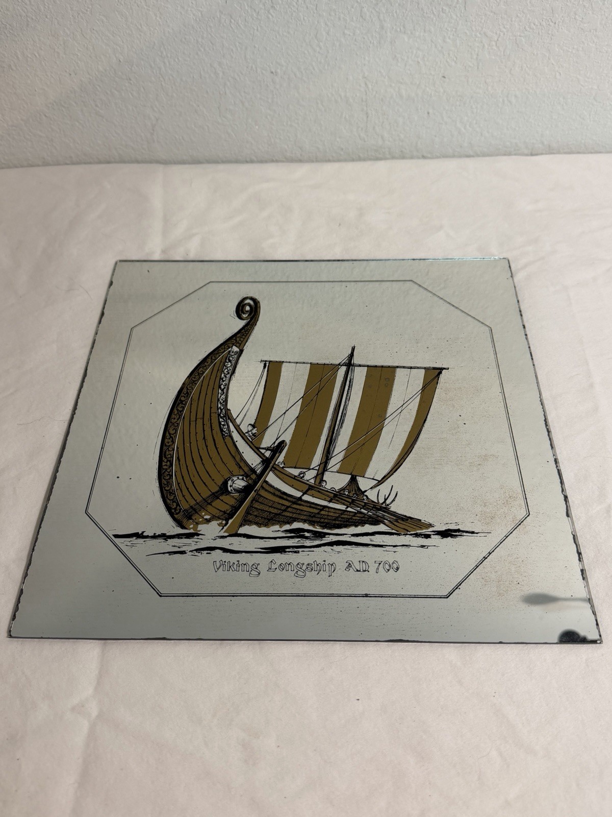 Vintage 70s 80s Mirro-Tile 12×12 Lot Of 6 Antique Gold Ships Viking Mirror Tiles