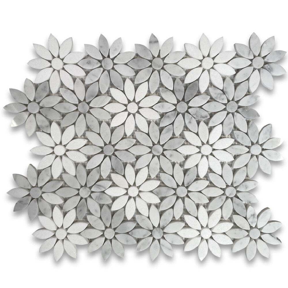 C9D5XP White Thassos Carrara Marble Daisy Flower Floral Mosaic Tile Polished