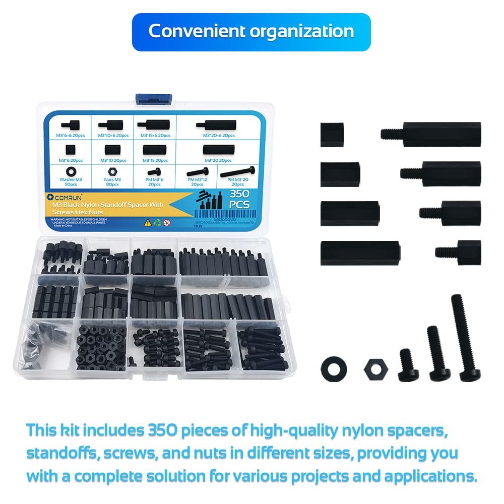 COMRUN 350PCS M3 Black Male Female Nylon Hex Spacer Standoff 350Pcs M3,