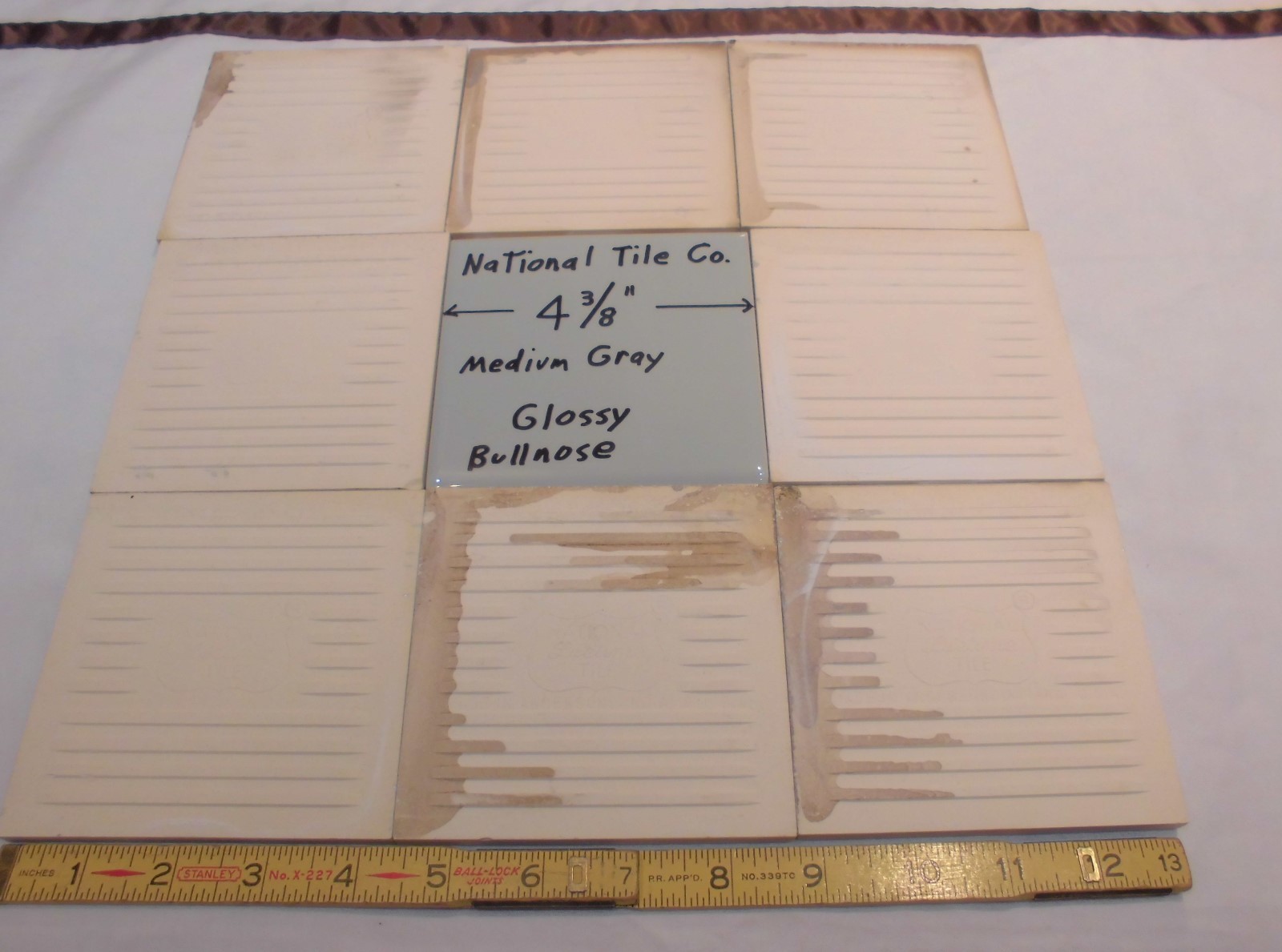 9 pcs. Vintage *Medium Gray* 4-3/8″ Glossy Ceramic Bullnose by National Tile Co.