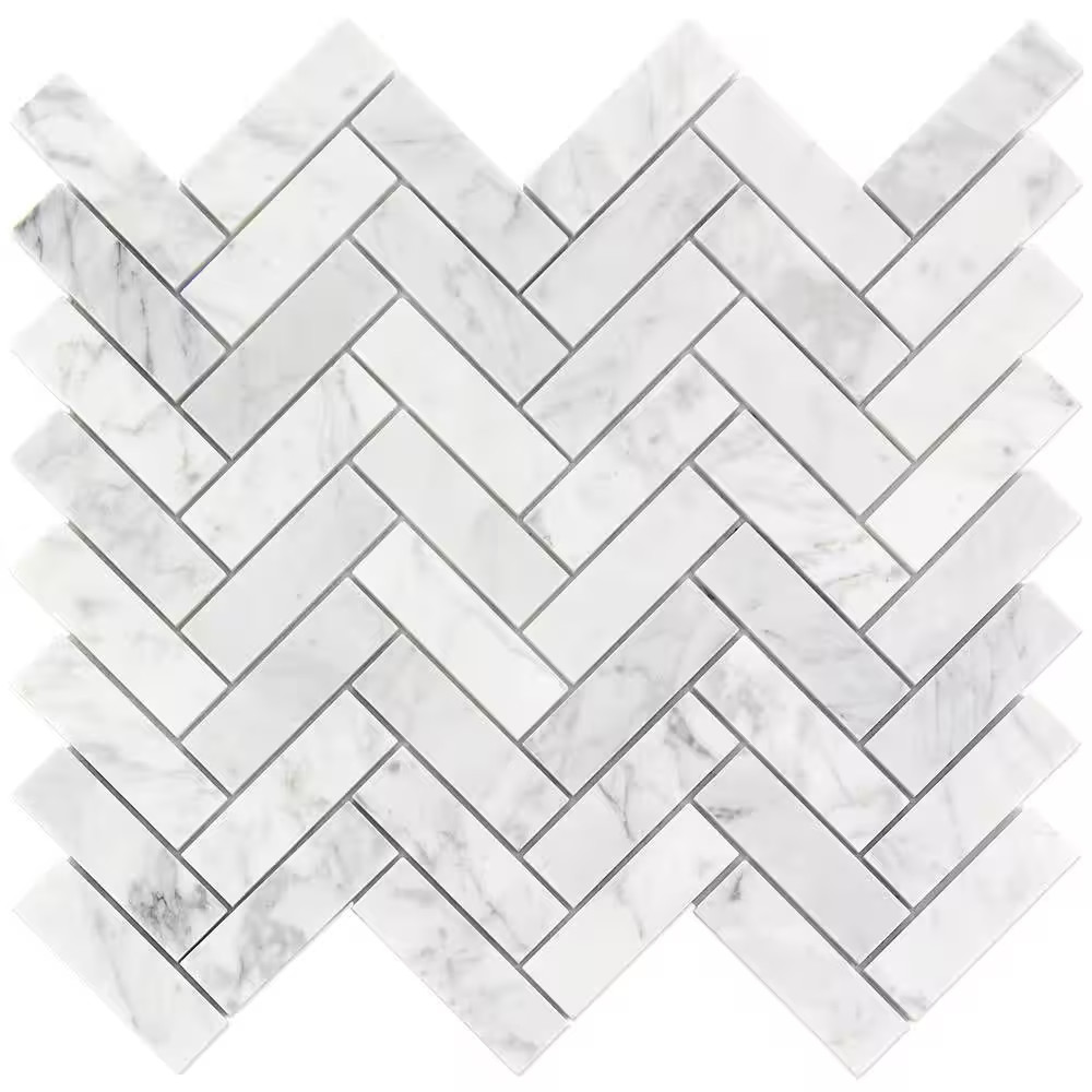 White Carrara Herringbone 12 In. X 12 In. 10Mm Polished Marble Stone Mosaic Wall