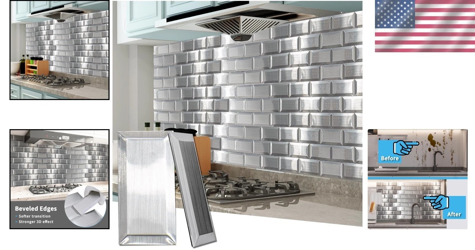 Modern Stainless Stick-On Subway Tiles, 100-Pcs, 3D Texture