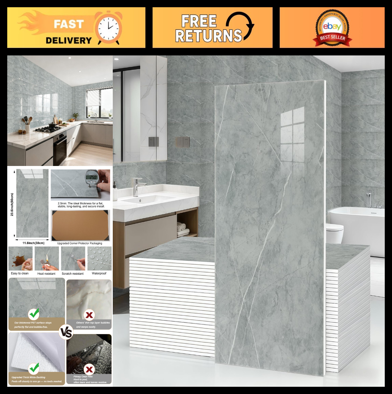 10Pcs Grey Marble Peel and Stick Wall Panels 23.6″x11.8″ Waterproof Backsplash T