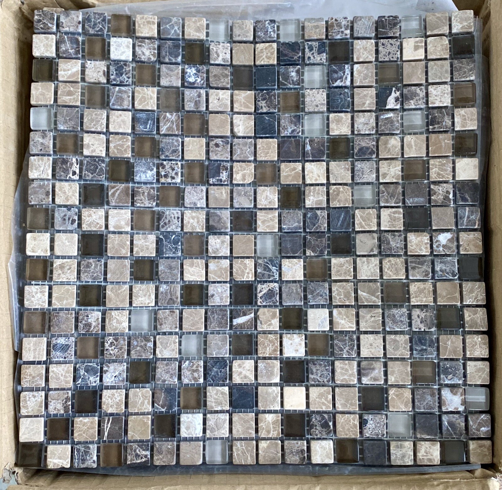 Stone & Glass Mini Mosaic 5/8” X 5/8 Tiles, ONE Sheet. Neutral Colors.