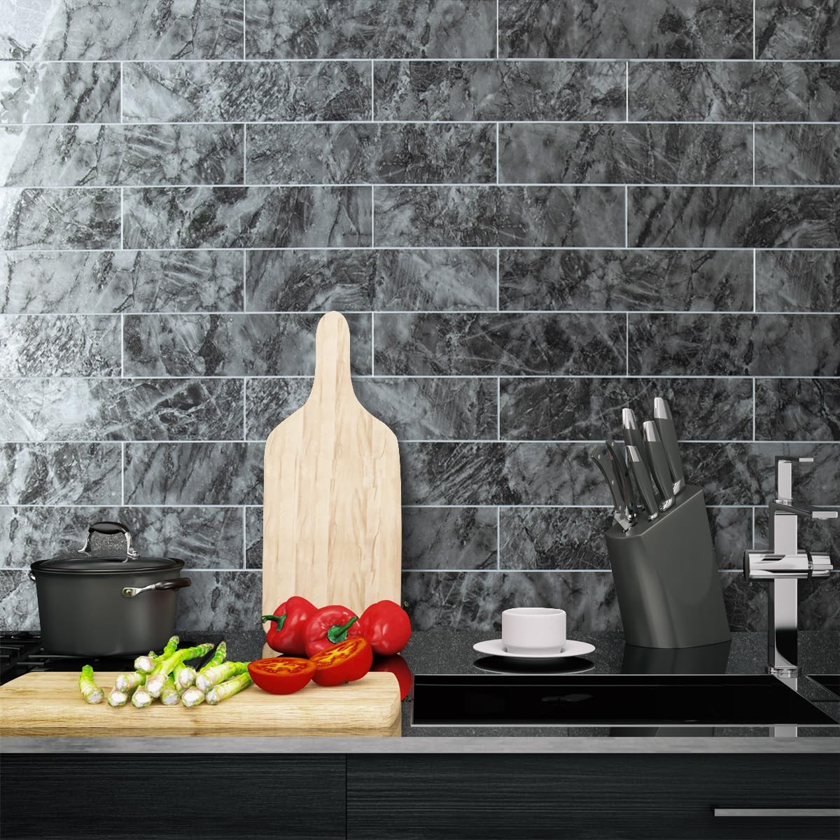 40-Piece Polished Dark Grey Marble Peel and Stick Backsplash Wall Tiles, 3″ x…