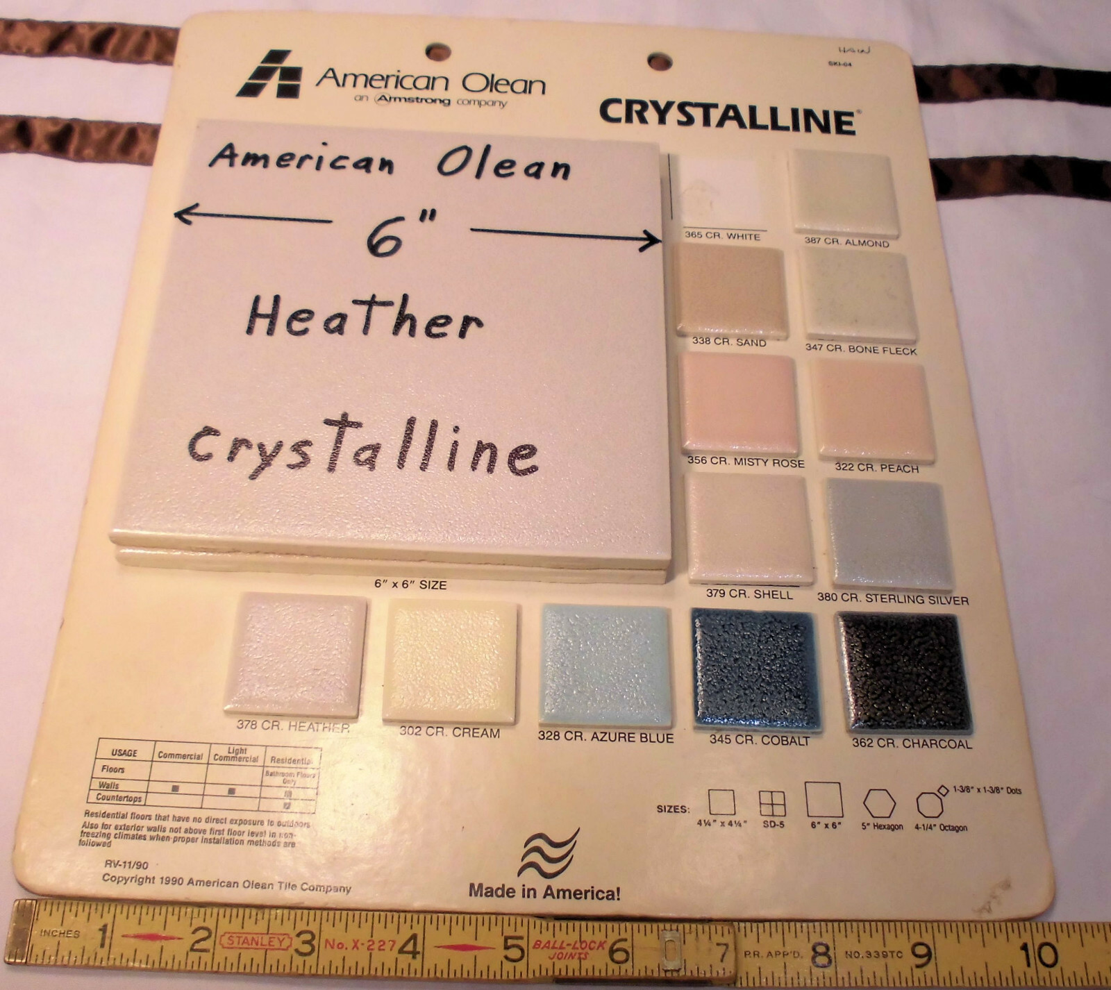 1 pc. 6″ Ceramic Tile Crystalline *Heather -Off White* by American Olean; NOS
