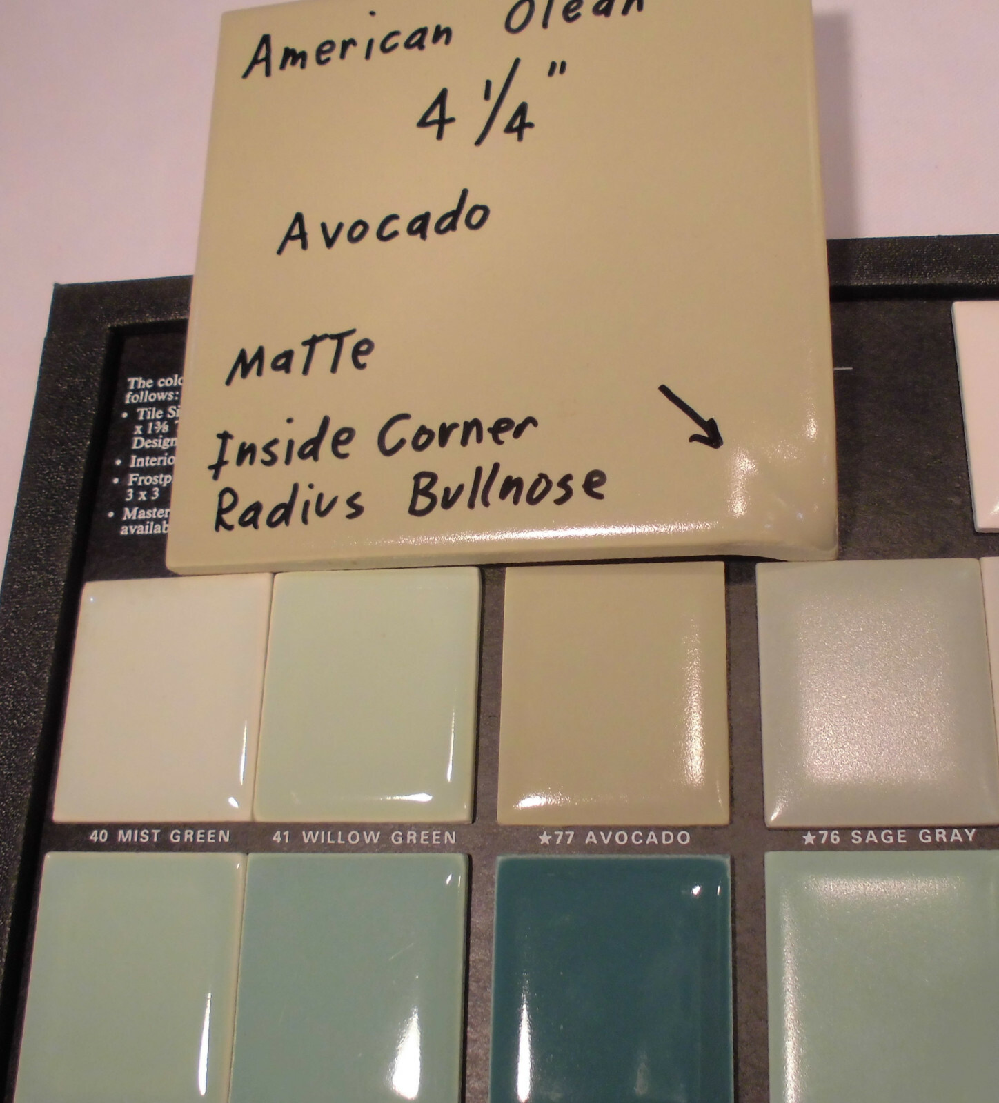 Avocado Green: Matte Radius Inside Corner Bullnose Ceramic Tile 4-1/4″ A.O.