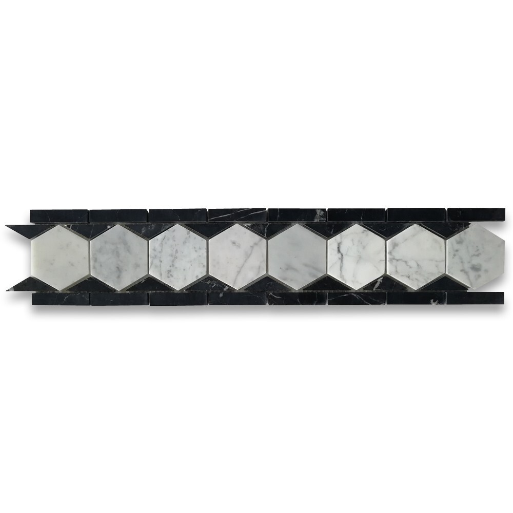 C33B2XH Carrara White Marble 3 Hexagon Listello Mosaic Border Tile Black Honed