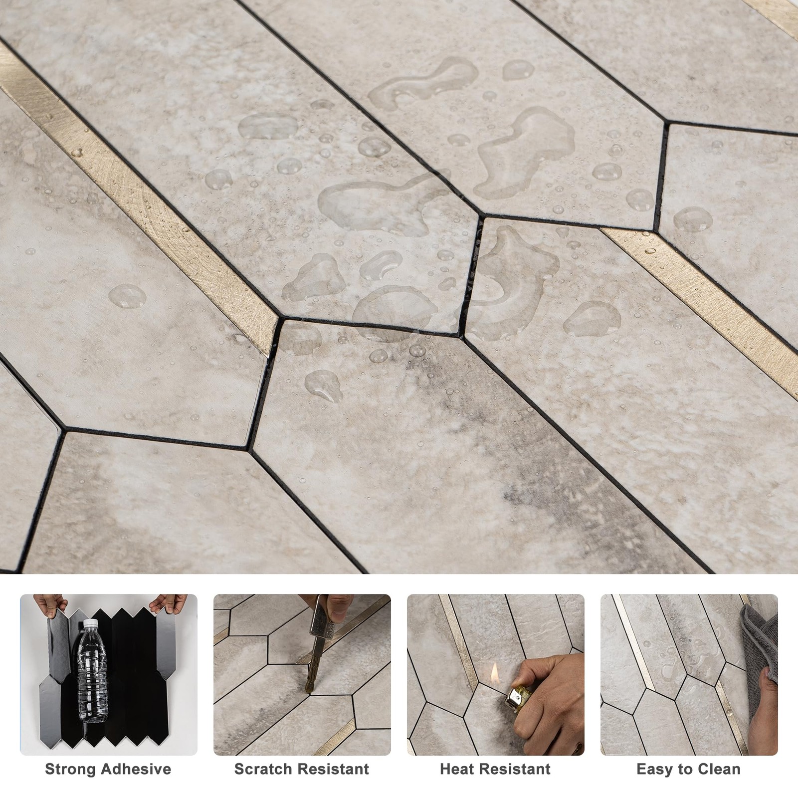 Peel and Stick Backsplash Long Hexagon Wall Tile, 10-Pieces, Beige