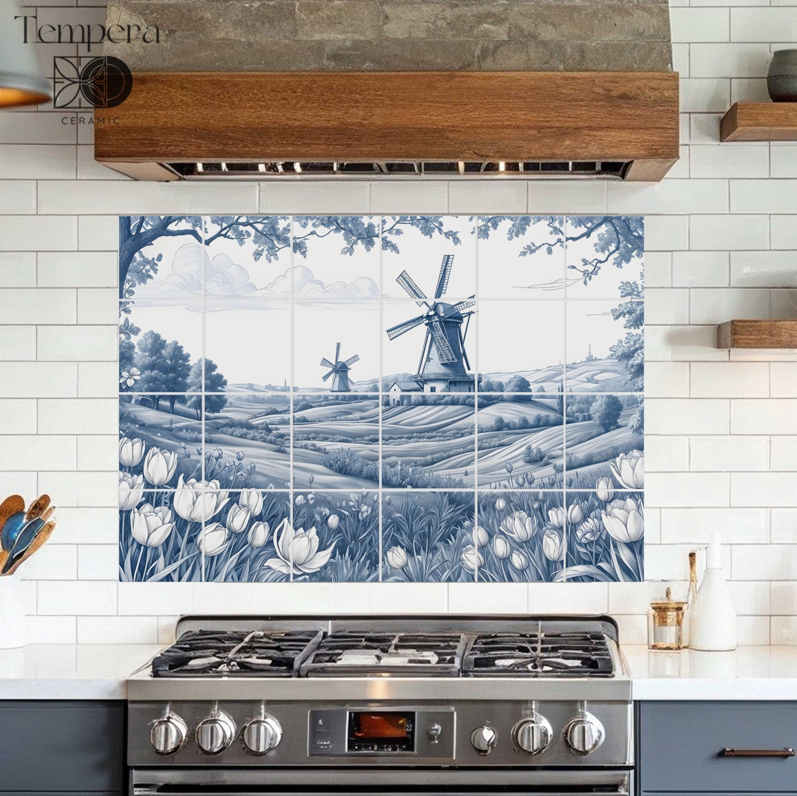 Blue and white delft style tiles, Windmill tile mural, Windmill landscape tiles