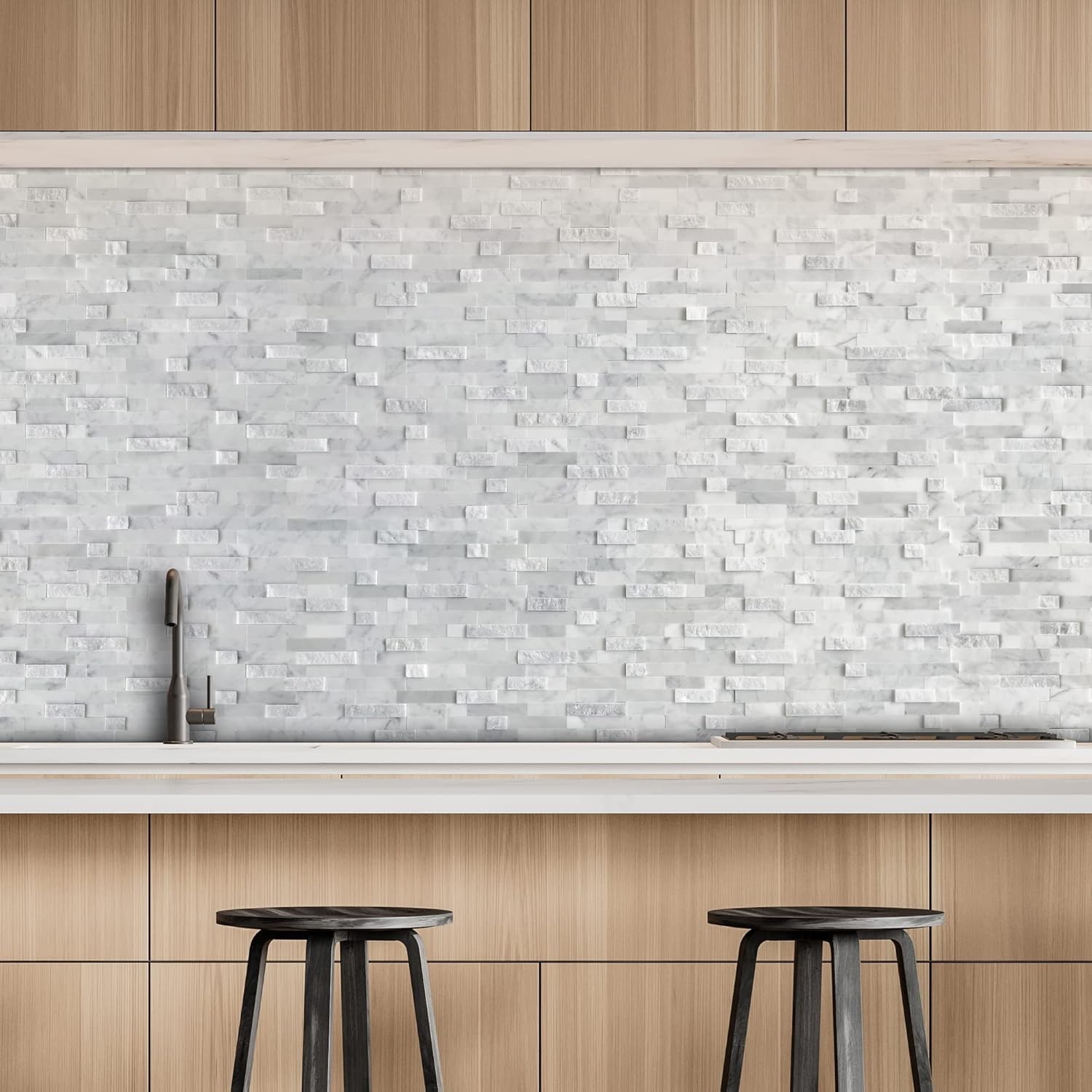 SUNWINGS 5-Sheet Peel and Stick Mosaic Natural 3D Stone Self Adhesive Marble Til