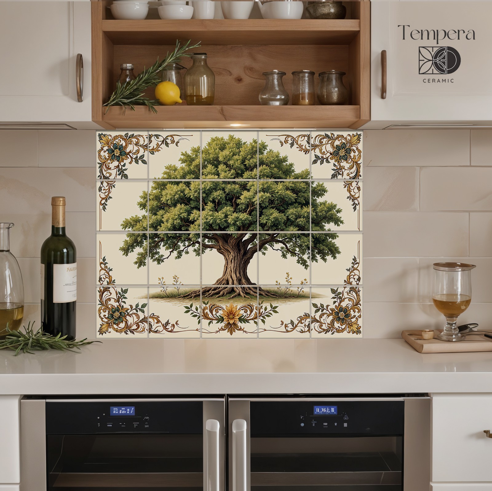 Oak Tree Backsplash Tiles with ornate details for focal point kitchen tiles art