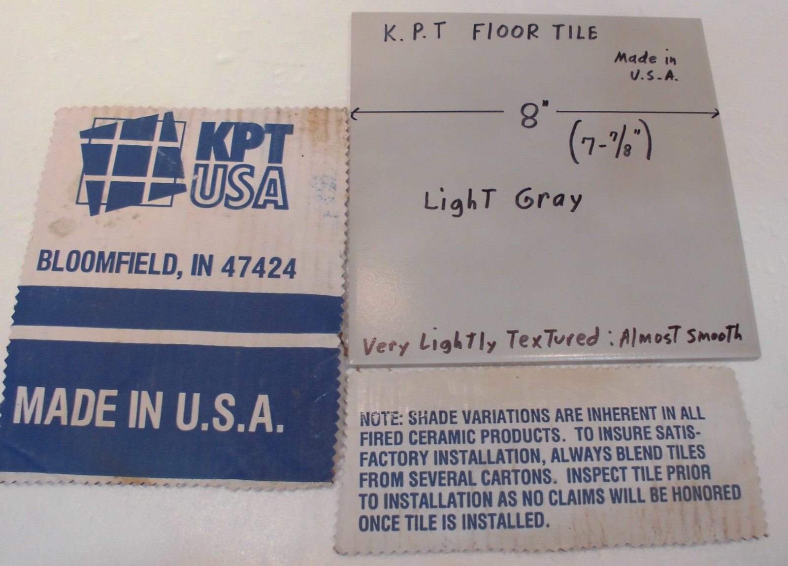 1 pc. Light Gray Ceramic Floor Tile: 8″ X 8″ Smooth, Made USA by K.P.T. NEW