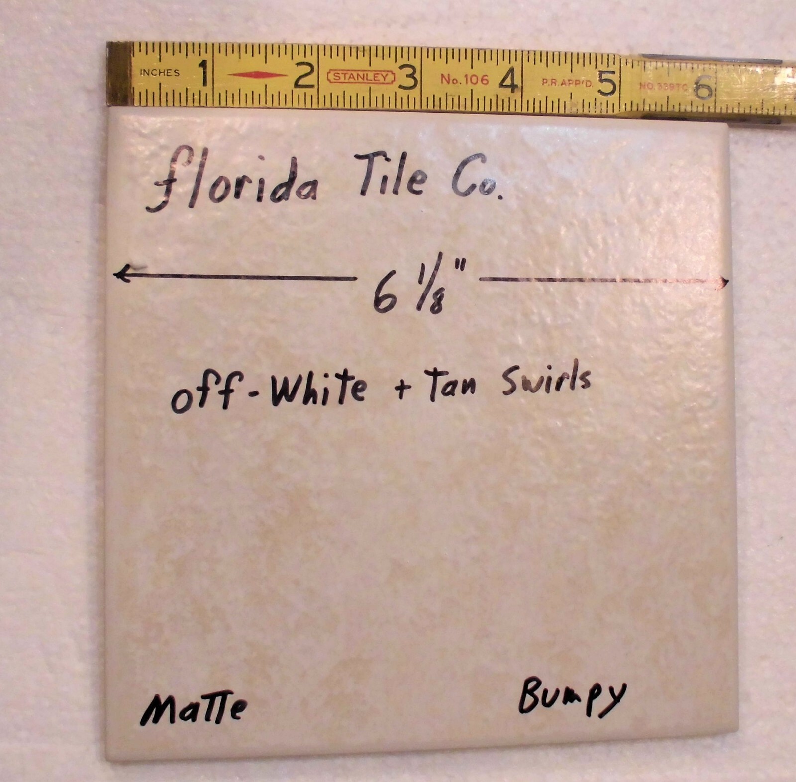 1 pc. Off-White +Tan Swirls: 6-1/8″ Square; Matte Ceramic Tile, by Florida, NOS