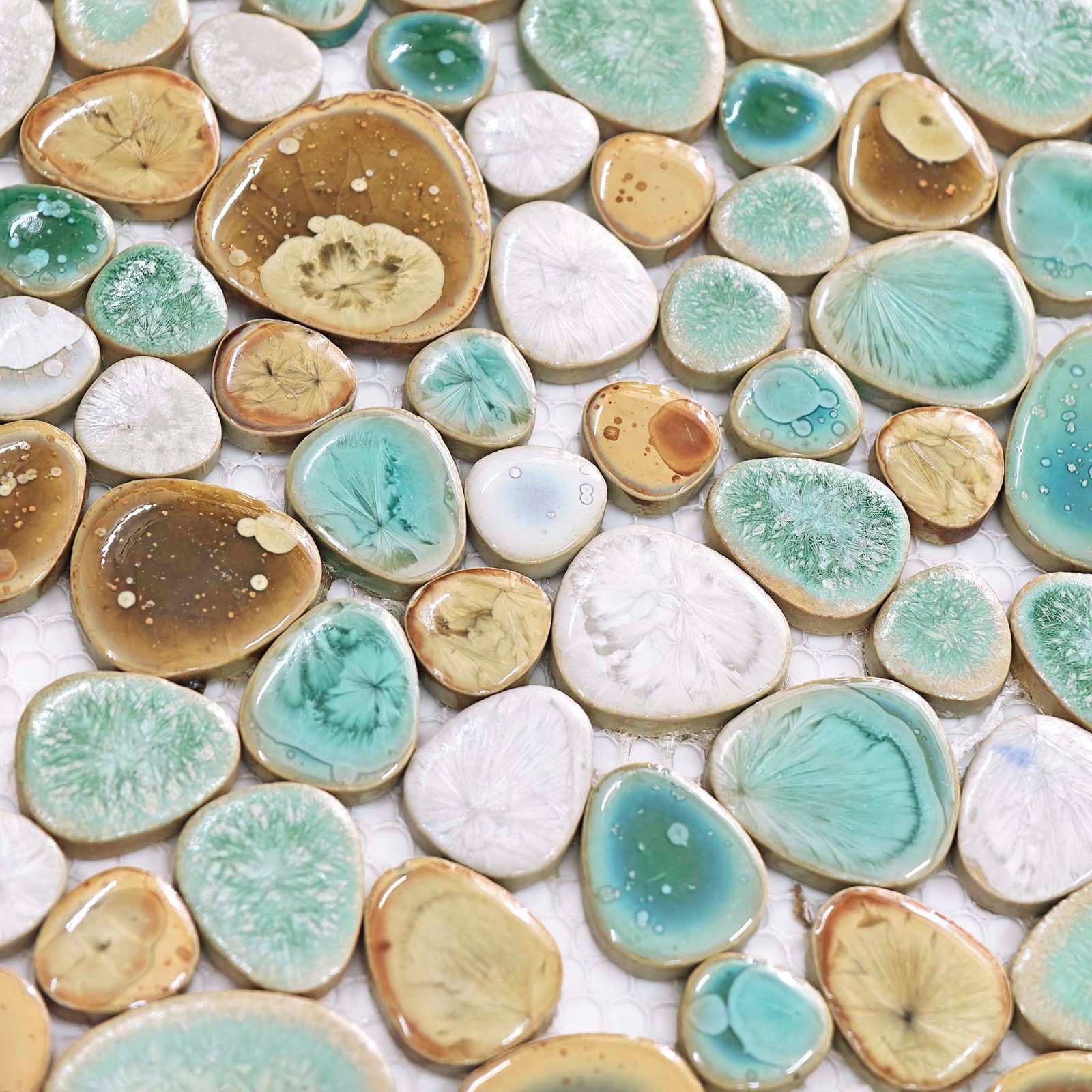 Ceramic Pebble Mosaic Tile Aqua Beige White Glossy Wall Backsplash Bathroom