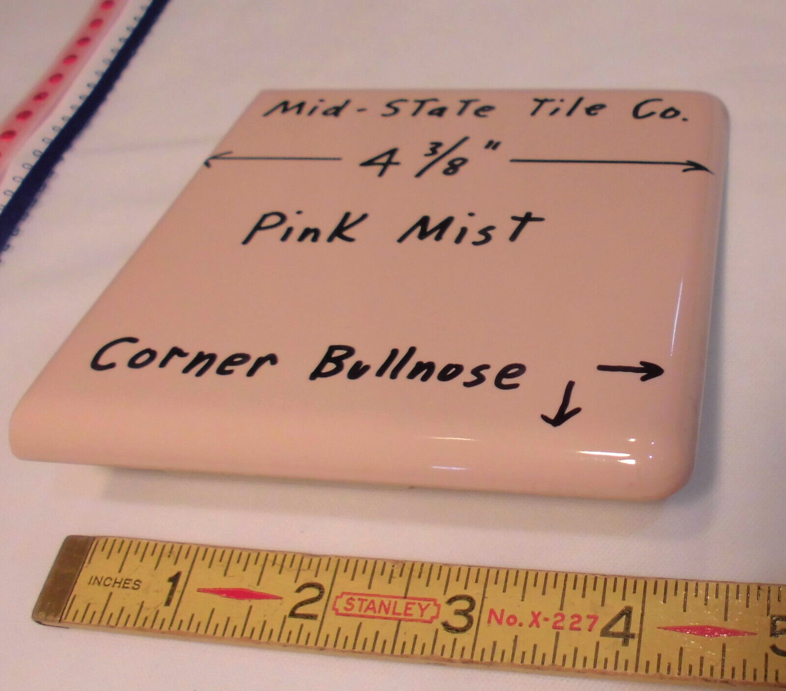 1 pc. “Glossy Pink Mist” Corner Bullnose Ceramic Tile 4-3/8″ by Mid-State Co.