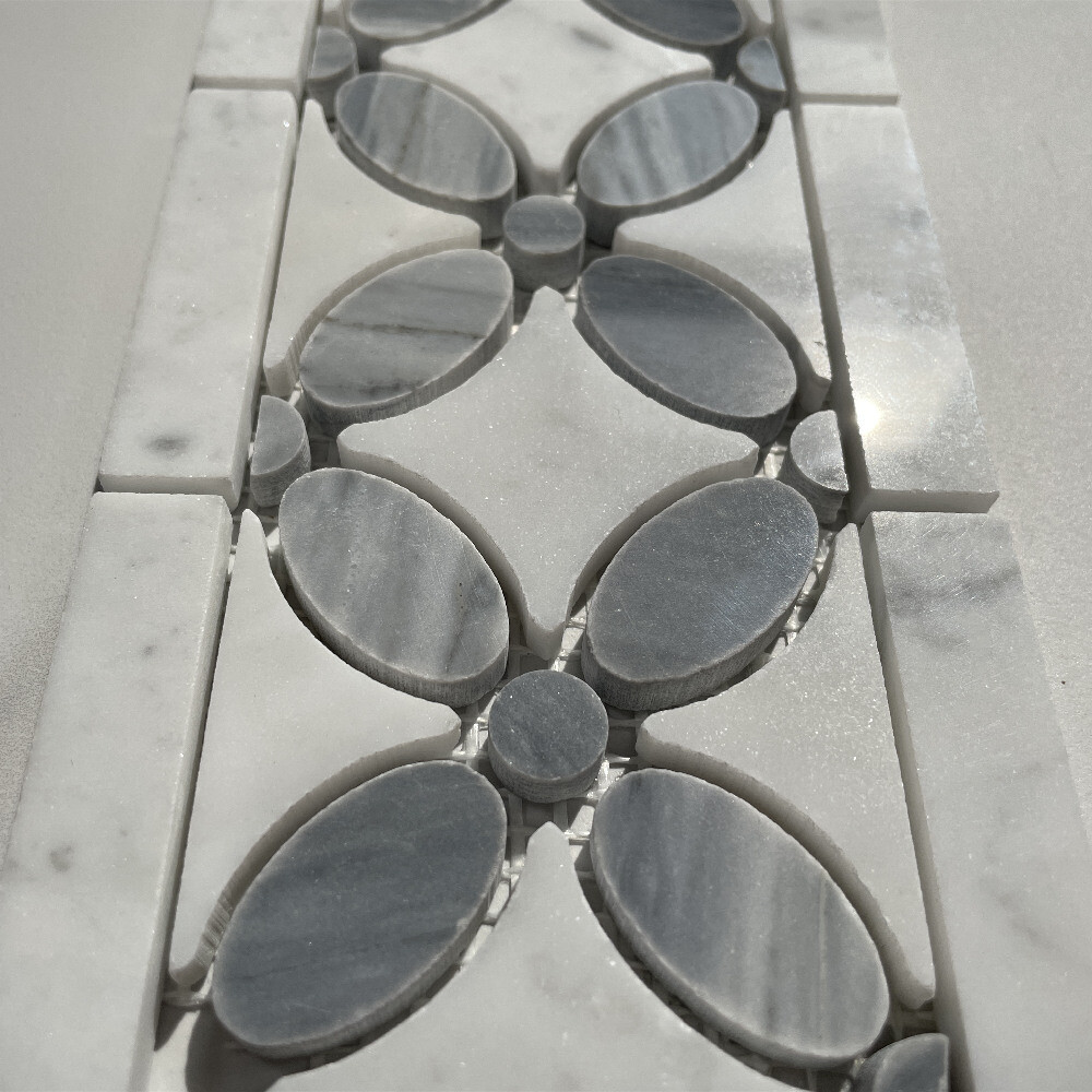 C9C7BXP White Carrara Venato Marble Flower Mosaic Border Tile Gray Polished