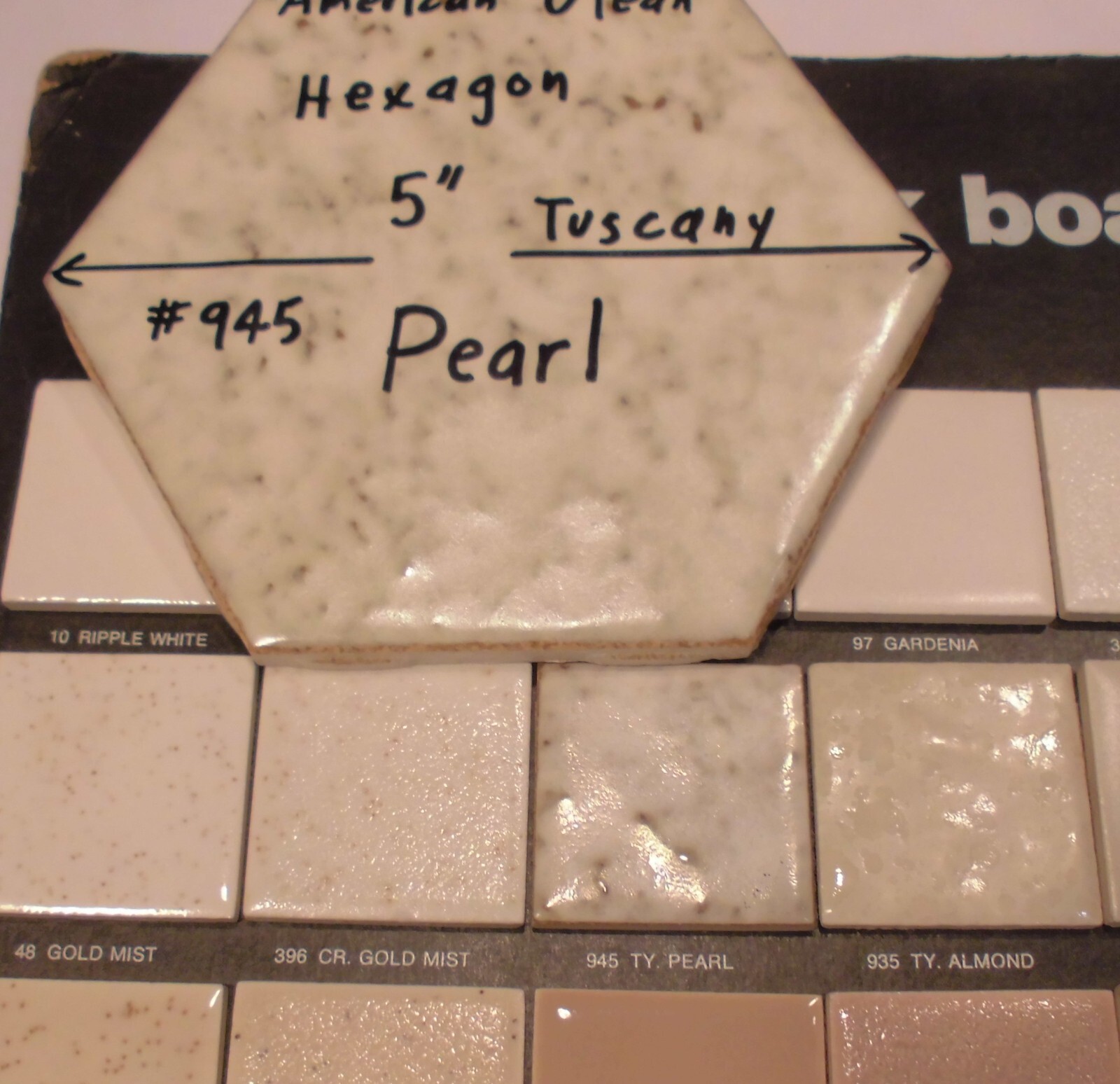 1 pc. Pearl #945 Ceramic 5″ Tile: Tuscany Glaze by American Olean, Hexagon, NOS