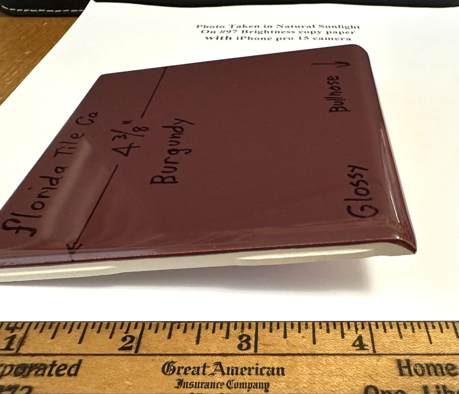 1 pc. Burgundy: 4-3/8″ Bullnose: Glossy Ceramic Tile by Florida Co. #1084 NEW