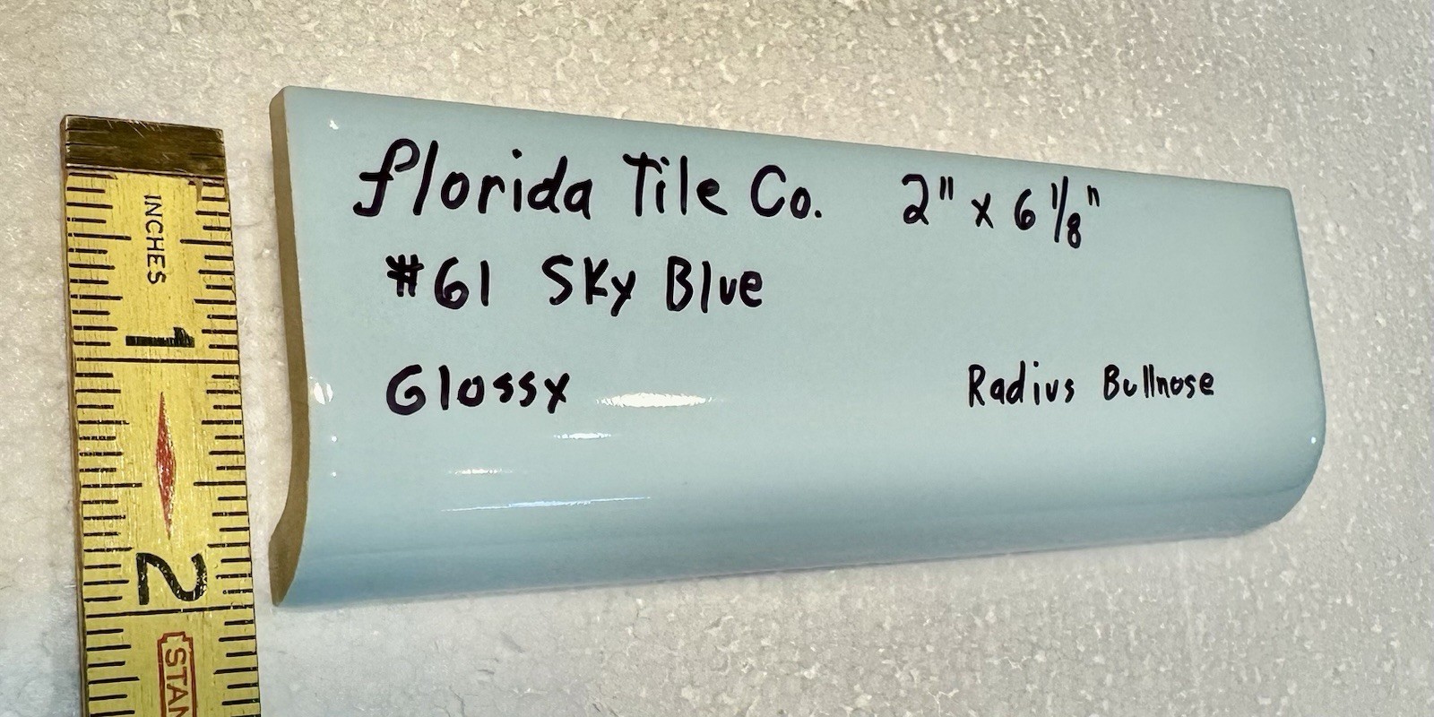 1 pc. Sky Blue: 2″ X 6-1/8″ Glossy Ceramic Radius Bullnose Trim Florida Tile NOS